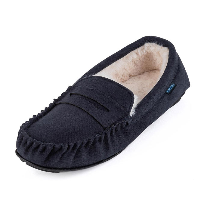 totes Mens Suedette Moccasin Slipper with Faux Fur Lining Navy Extra Image 2