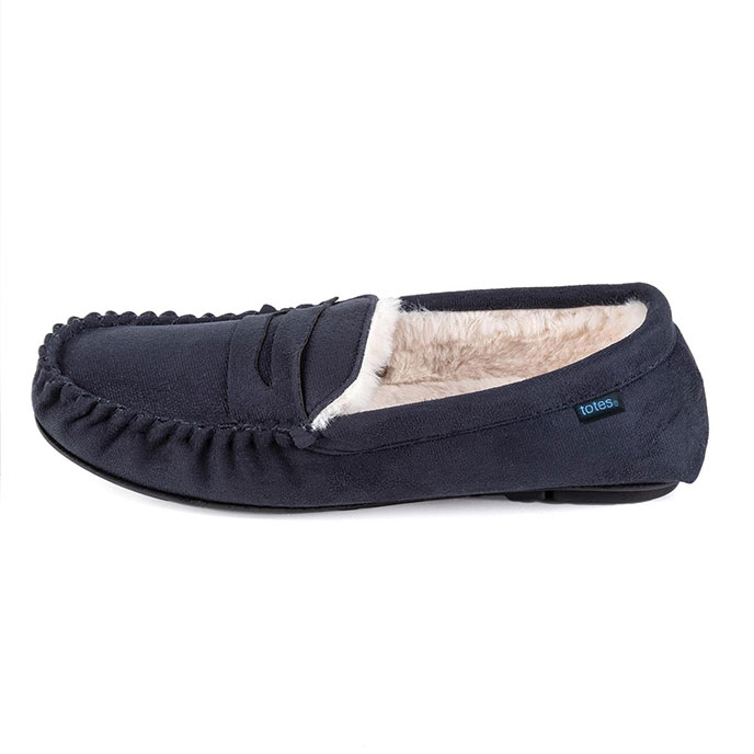 totes Mens Suedette Moccasin Slipper with Faux Fur Lining Navy Extra Image 3