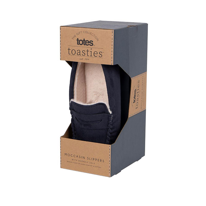 totes Mens Suedette Moccasin Slipper with Faux Fur Lining Navy Extra Image 8