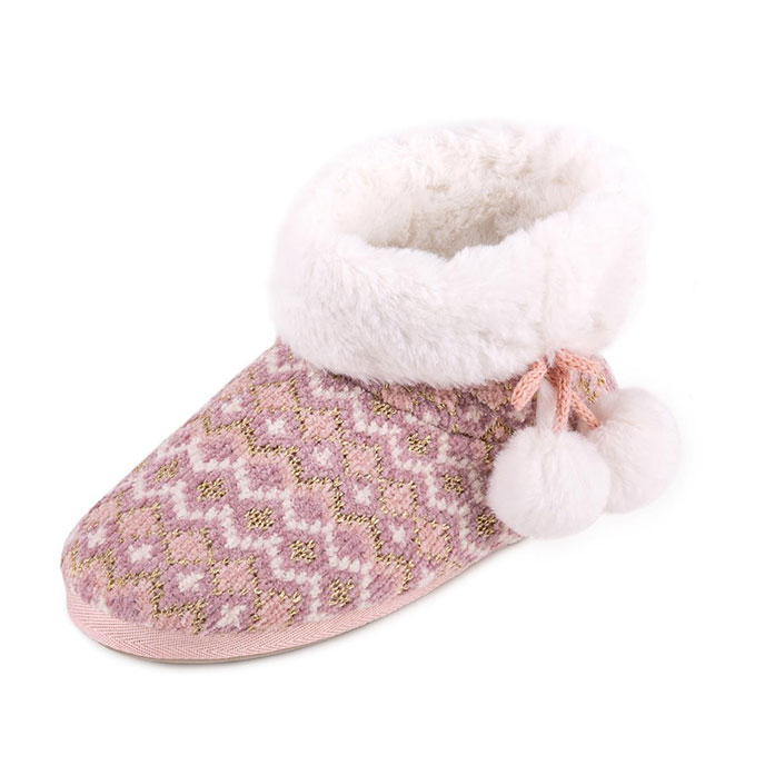 totes Ladies Fair Isle Knitted Boot Slipper Pink Multi Extra Image 1