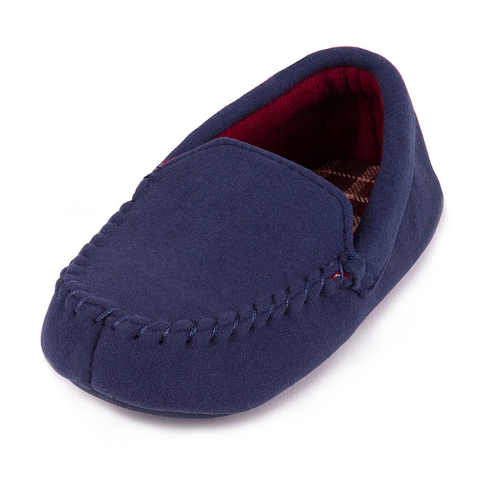 totes Childrens Moleskin Moccasin Slipper with Contrast Check Lining Navy Extra Image 1