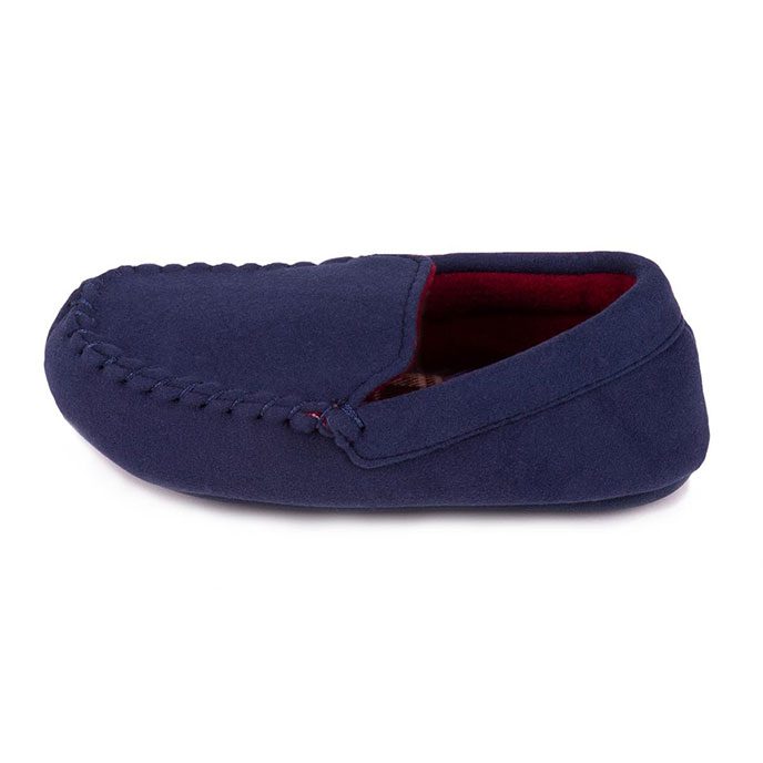 totes Childrens Moleskin Moccasin Slipper with Contrast Check Lining Navy Extra Image 2