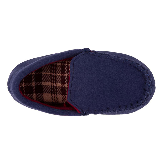 totes Childrens Moleskin Moccasin Slipper with Contrast Check Lining Navy Extra Image 3