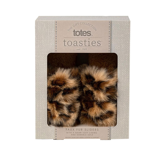 totes Ladies Faux Fur Animal Double Strap Slider Slipper Brown Extra Image 1