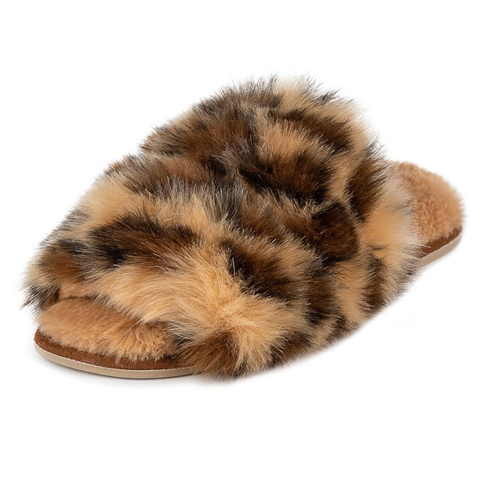 totes Ladies Faux Fur Animal Double Strap Slider Slipper Brown Extra Image 2