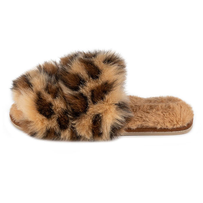 totes Ladies Faux Fur Animal Double Strap Slider Slipper Brown Extra Image 3