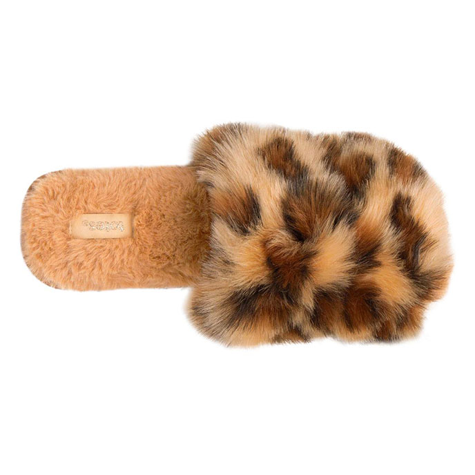 totes Ladies Faux Fur Animal Double Strap Slider Slipper Brown Extra Image 4