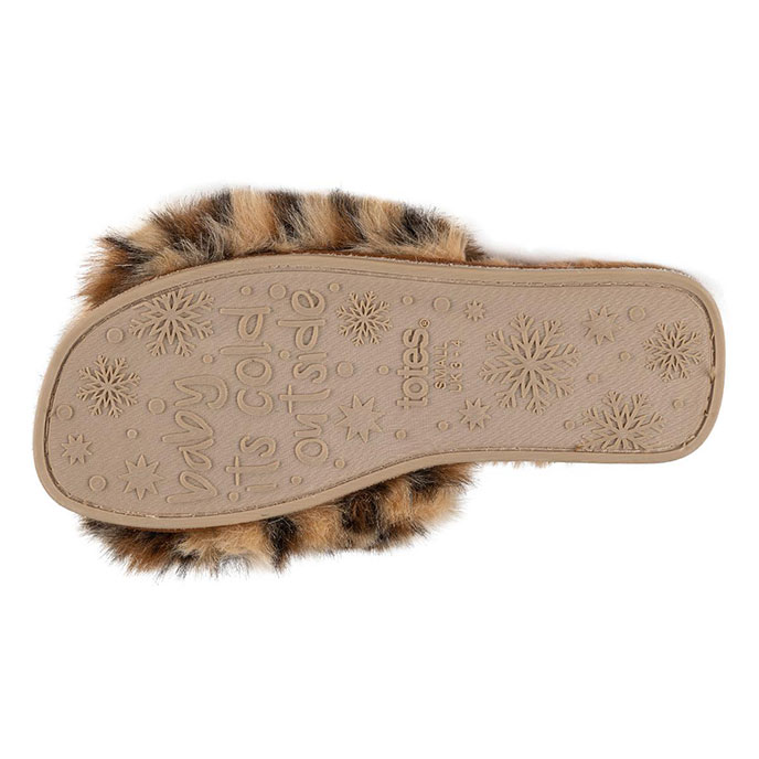 totes Ladies Faux Fur Animal Double Strap Slider Slipper Brown Extra Image 5