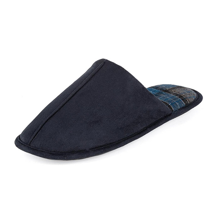 totes Mens Suedette Mule Slipper with Check Lining Navy Extra Image 2