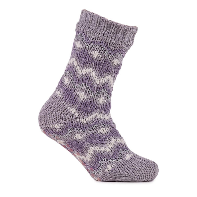totes Ladies Fair Isle Chenille Slipper Socks Lilac Extra Image 1