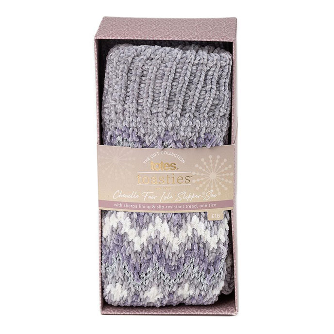totes Ladies Fair Isle Chenille Slipper Socks Lilac Extra Image 2