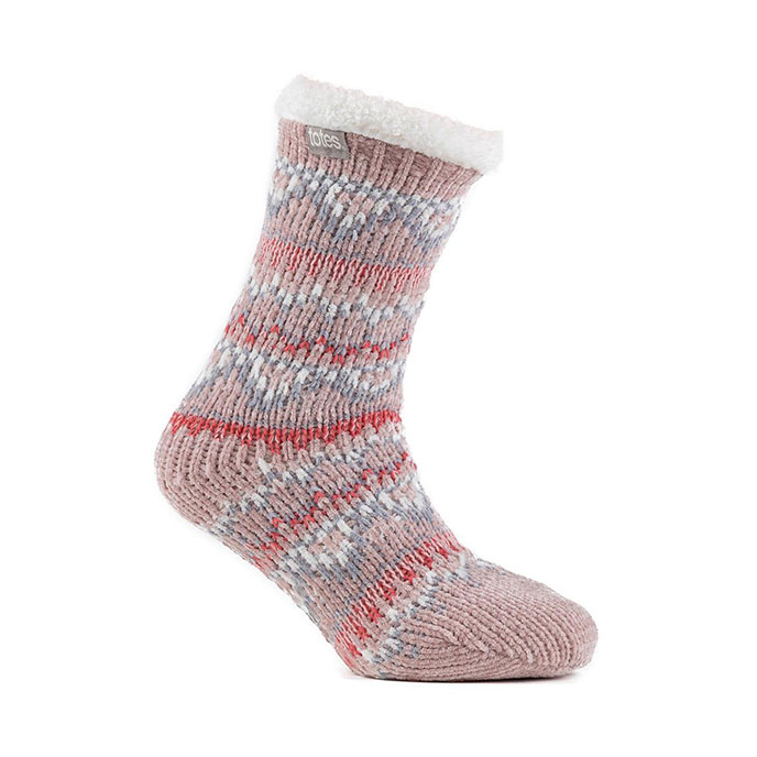 totes Ladies Fair Isle Slipper Socks Pink Mix Extra Image 2