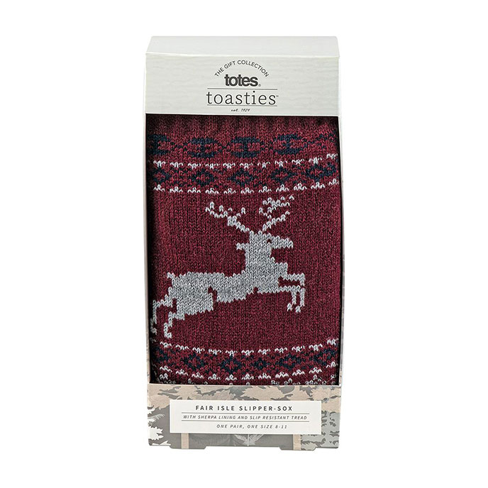 totes toasties Mens Fairisle Stag Slipper Sock with Sherpa Lining Burgundy Extra Image 1
