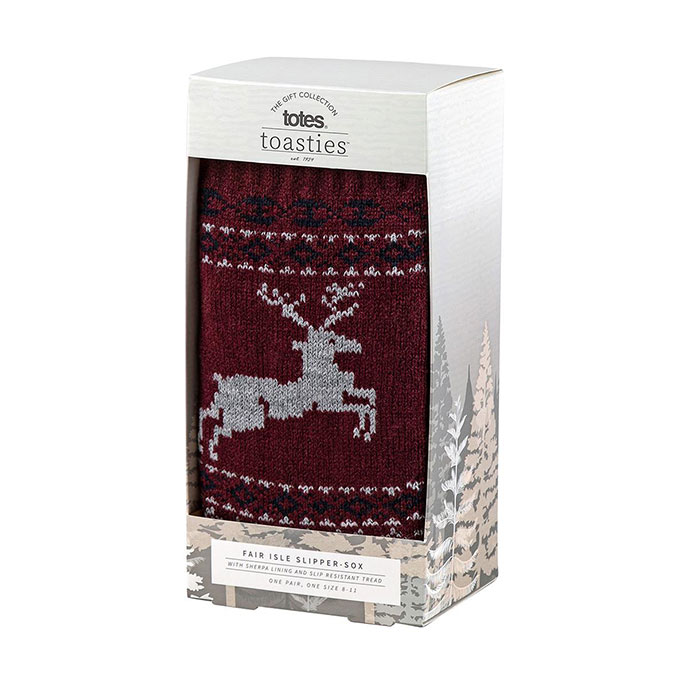 totes toasties Mens Fairisle Stag Slipper Sock with Sherpa Lining Burgundy Extra Image 3