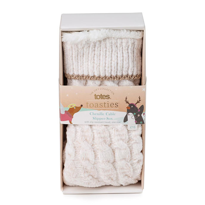 totes Ladies Sherpa Lined Chenille Cable Slipper Socks Cream Extra Image 2