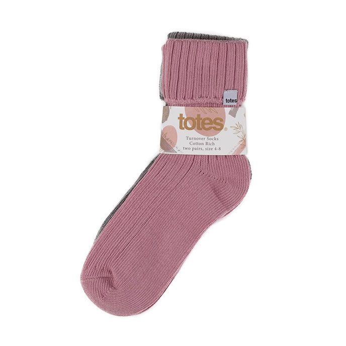 totes Ladies Twin Pack Turnover Socks  Grey / Pink Extra Image 1