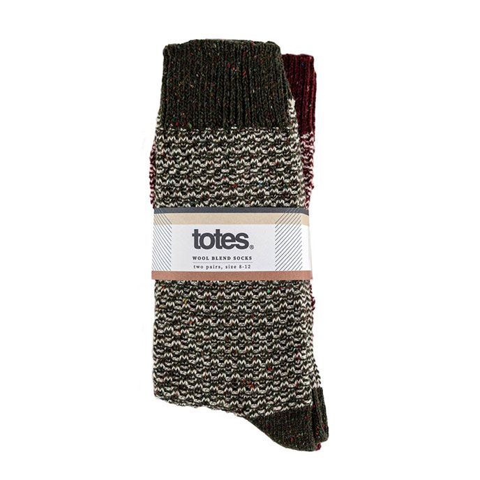 totes Mens Twin Pack Wool Blend Textured Socks Burgundy / Green Extra Image 1