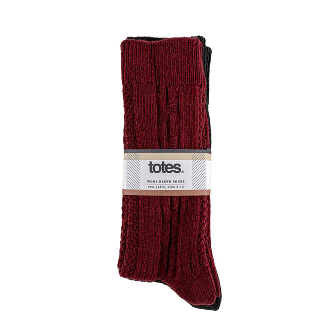 totes Mens Twin Pack Cable Knit Wool Blend Sock Burgundy / Charcoal Extra Image 1