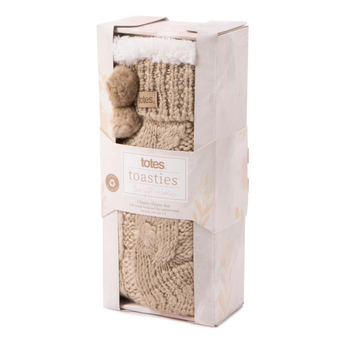 totes Ladies Chunky Knit Slipper Socks Oat totes ISOTONER