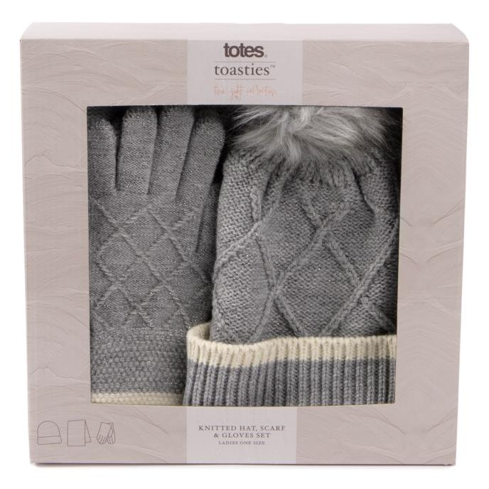 Ladies Grey Knitted Beanie Hat Scarf & Gloves Set by Totes