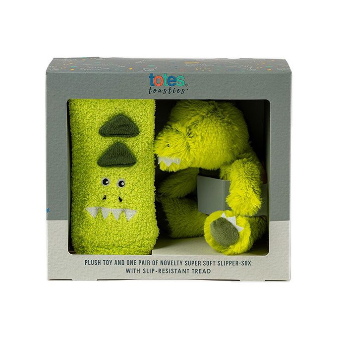 totes Childrens Plush Toy and Super Soft Slipper-Sox Set Green Extra Image 1