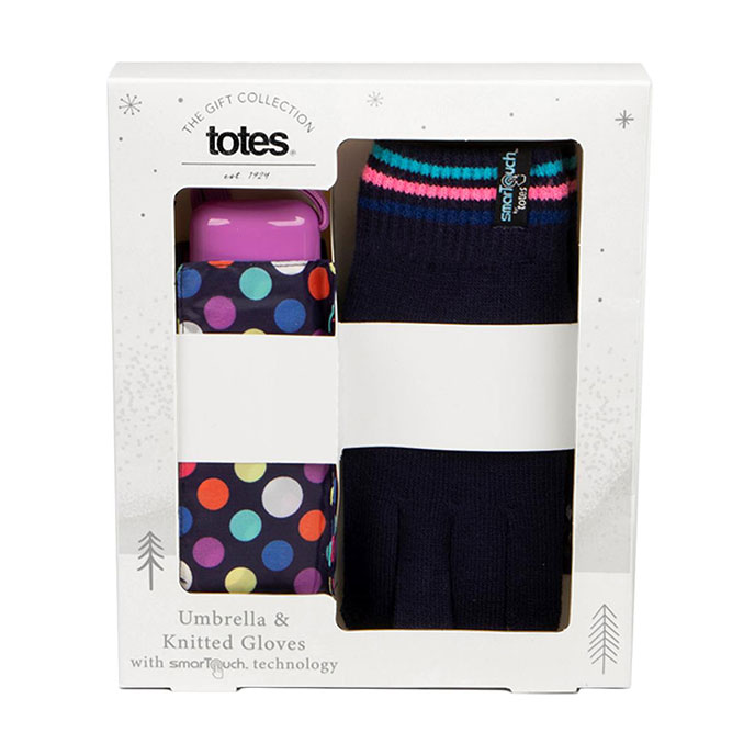 totes Compact Flat Navy Bright Dots & Knit Glove Gift Set (5 Section) Extra Image 1