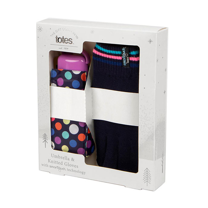 totes Compact Flat Navy Bright Dots & Knit Glove Gift Set (5 Section) Extra Image 4