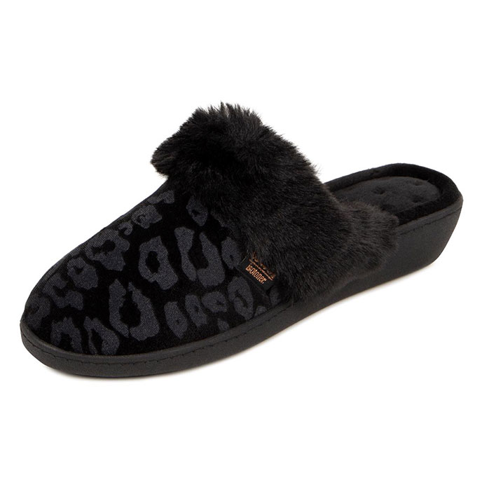 Isotoner Ladies Velour Heeled Mule Slipper Black Leopard Extra Image 1