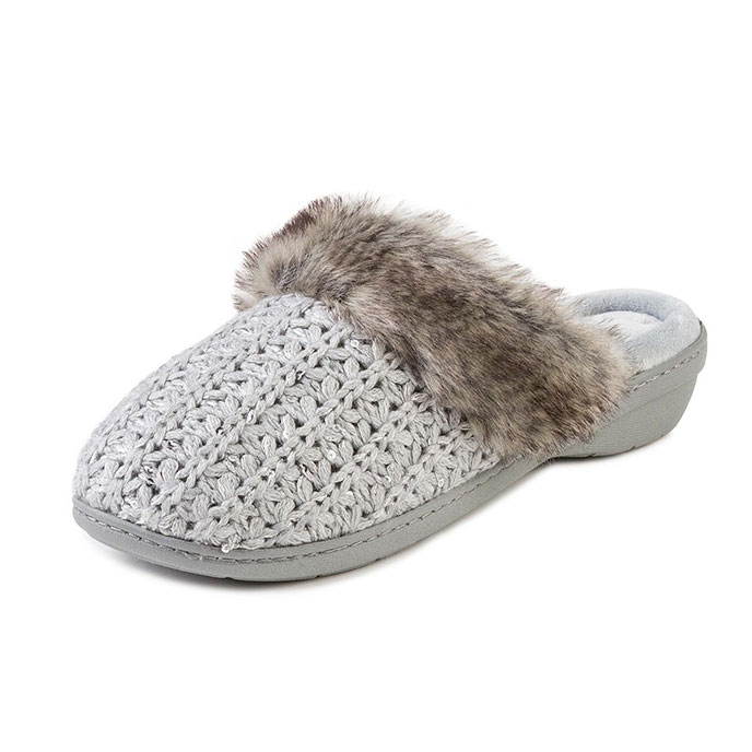 Isotoner Ladies Sparkle Knit Mule Slippers Grey Extra Image 1