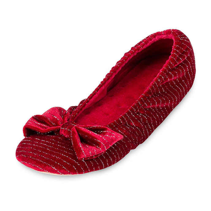 Isotoner Ladies Sparkle Velour Big Bow Ballet Slippers Red Sparkle Extra Image 1