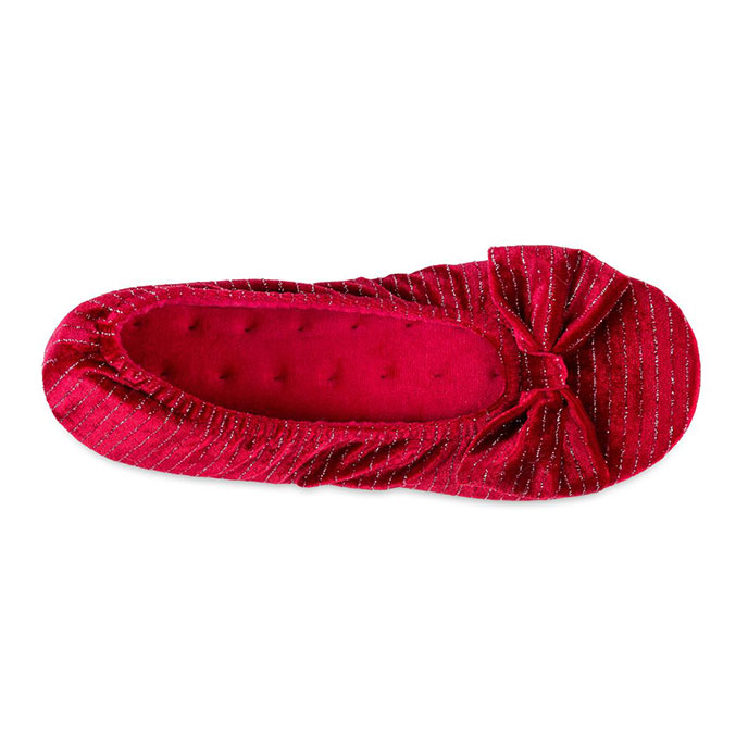 Isotoner Ladies Sparkle Velour Big Bow Ballet Slippers Red Sparkle Extra Image 3