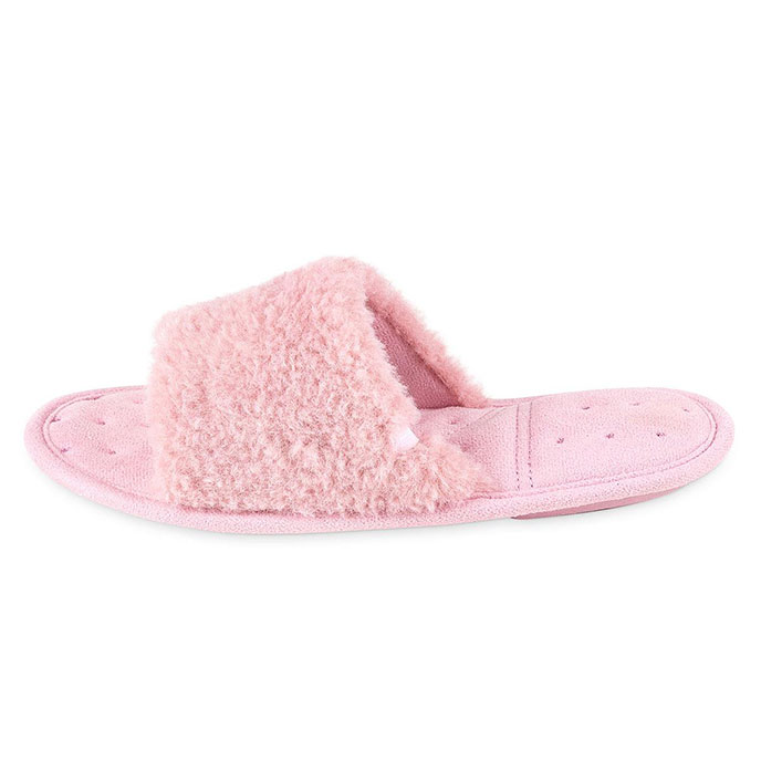 Isotoner Ladies Textured Fur Open Toe Slippers Pink