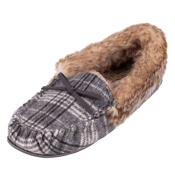 Isotoner Ladies Check Moccasin Slipper with Tipped Faux Fur Cuff Grey and Cream Check Extra Image 1