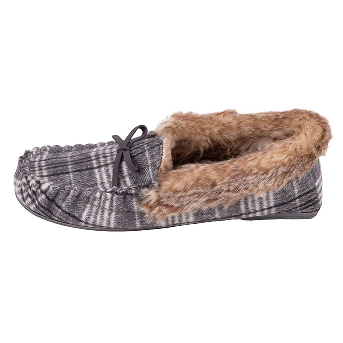 Isotoner Ladies Check Moccasin Slipper with Tipped Faux Fur Cuff Grey and Cream Check Extra Image 2