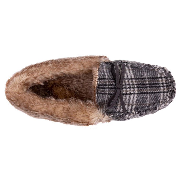 Isotoner Ladies Check Moccasin Slipper with Tipped Faux Fur Cuff Grey and Cream Check Extra Image 3