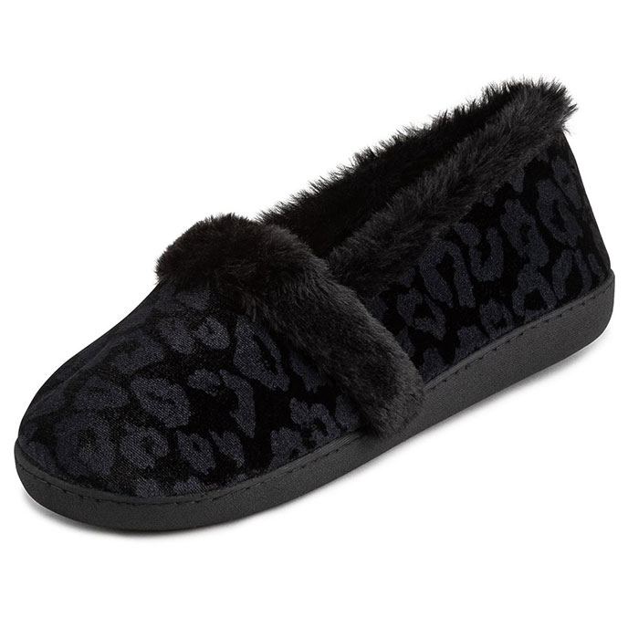 Isotoner Ladies Velour Full Back Slipper Black Leopard Extra Image 1