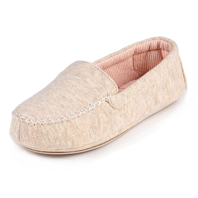 Isotoner Ladies Textured Moccasin Slippers Natural Extra Image 1