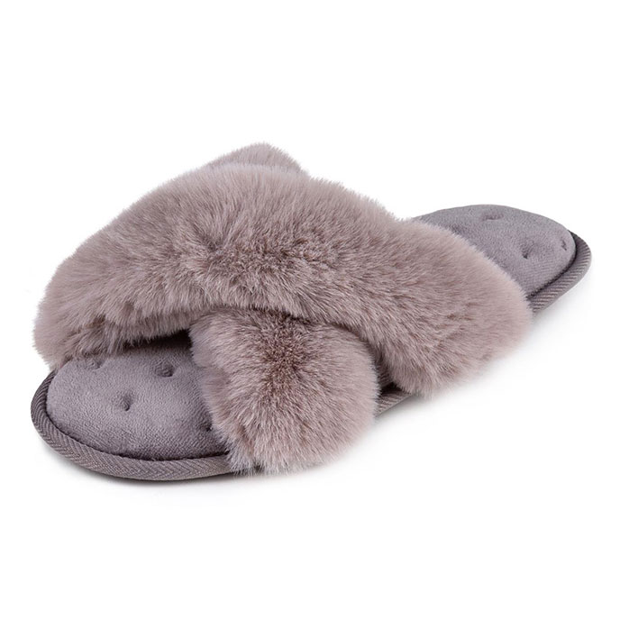 Isotoner Fluffy Cross Front Mule Slippers Grey Extra Image 1