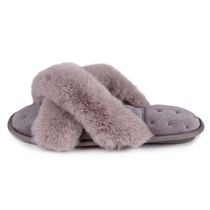 Isotoner Fluffy Cross Front Mule Slippers Grey Extra Image 2
