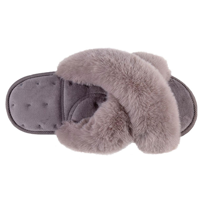 Isotoner Fluffy Cross Front Mule Slippers Grey Extra Image 3