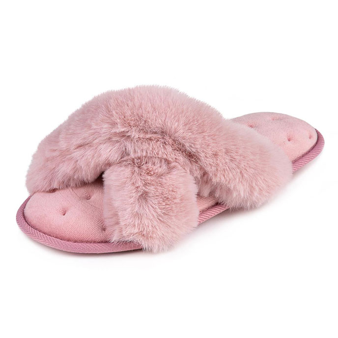 Isotoner Fluffy Cross Front Mule Slippers Pink Extra Image 1
