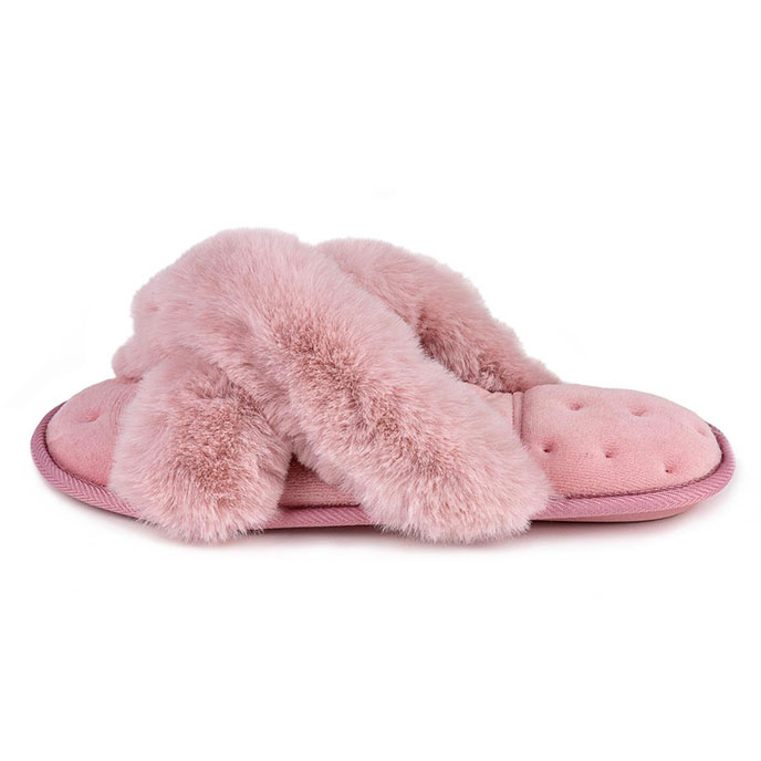 Isotoner Fluffy Cross Front Mule Slippers Pink Extra Image 2