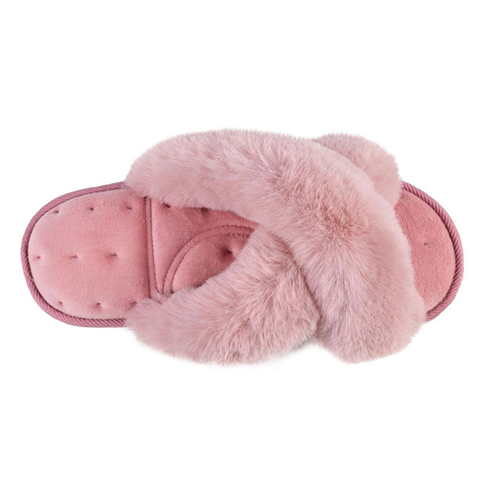 Isotoner Fluffy Cross Front Mule Slippers Pink Extra Image 3