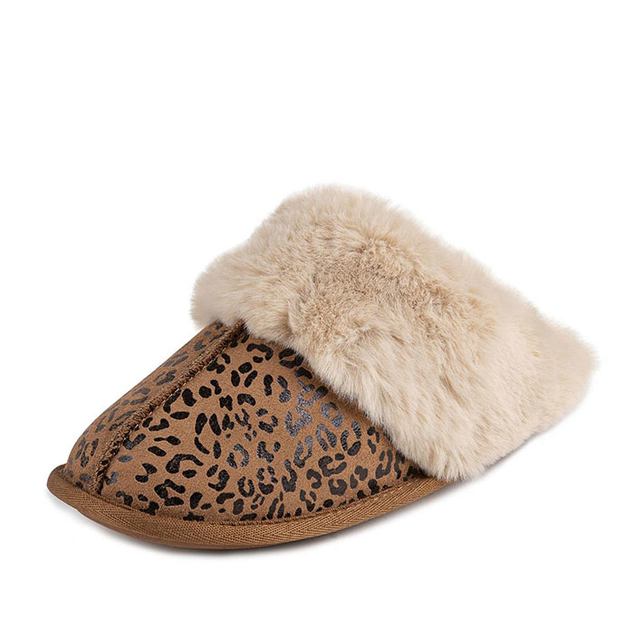 Isotoner Ladies Real Suede Mule with Fur Cuff Animal Print Extra Image 1