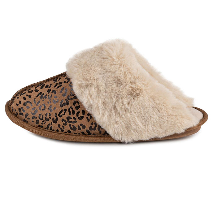 Isotoner Ladies Real Suede Mule with Fur Cuff Animal Print Extra Image 2