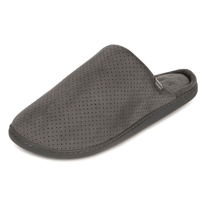 Isotoner Mens Perforated Suedette Mule Slippers Grey Extra Image 1