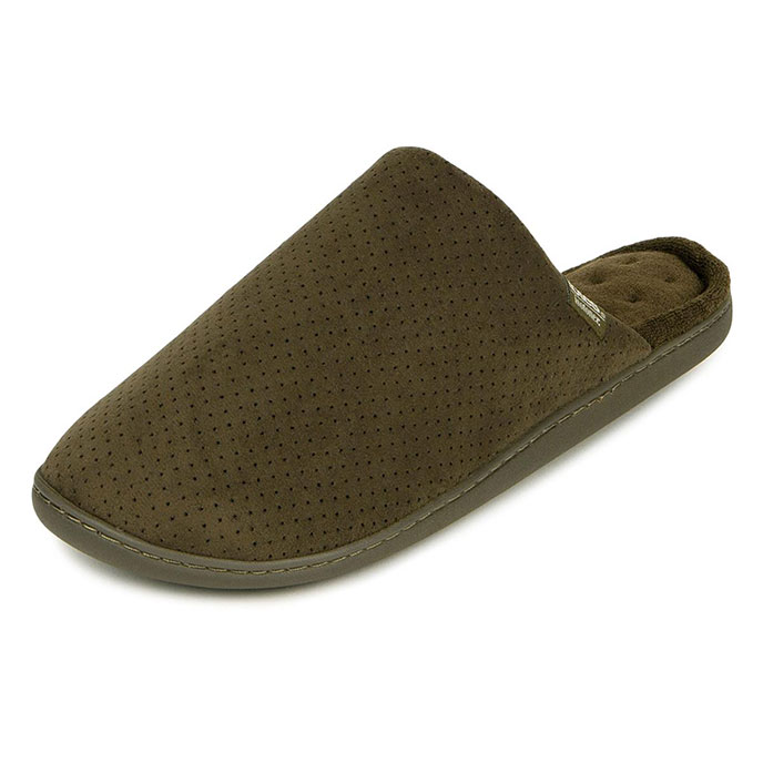 Isotoner Mens Perforated Suedette Mule Slippers Khaki Extra Image 1