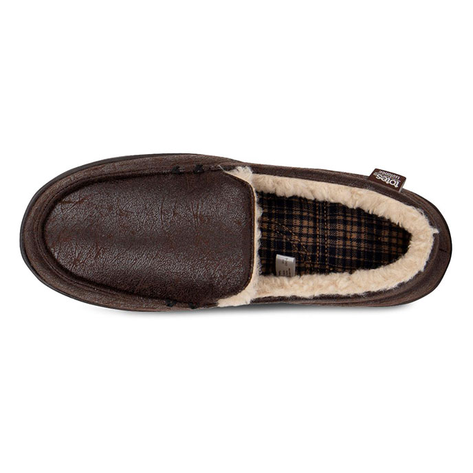Isotoner Mens Distressed Moccasin With Check Sock Slipper Brown Extra Image 3