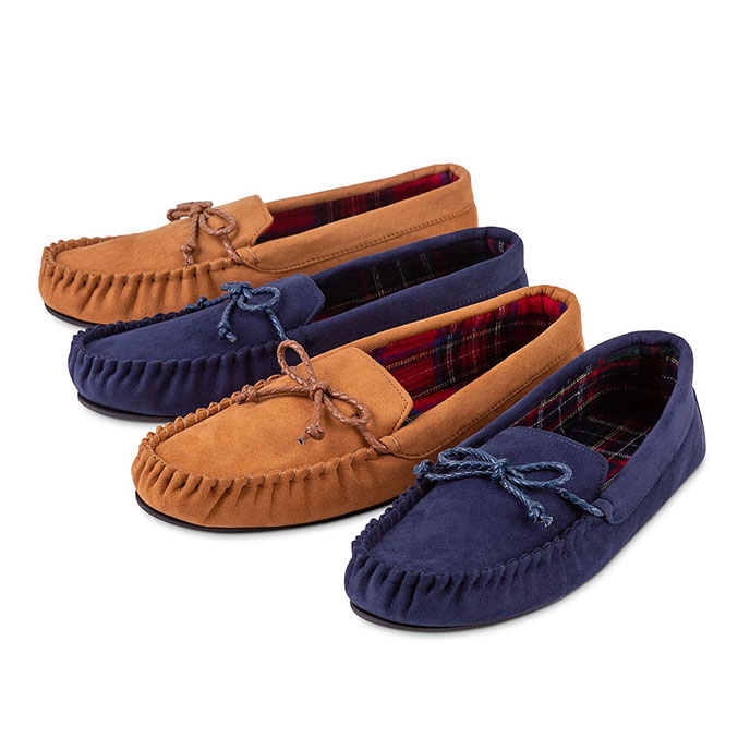 checked moccasin slippers