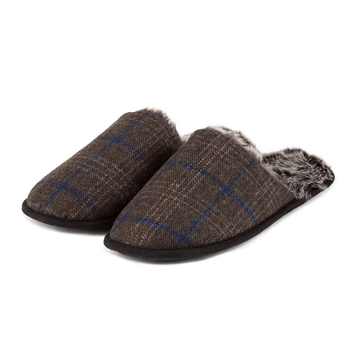 totes Mens Fur Lined Check Mule Slippers Brown Check